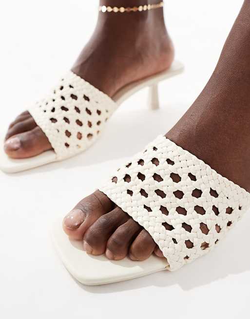 Bershka Crochet Kitten Heeled Sandals In Ecru