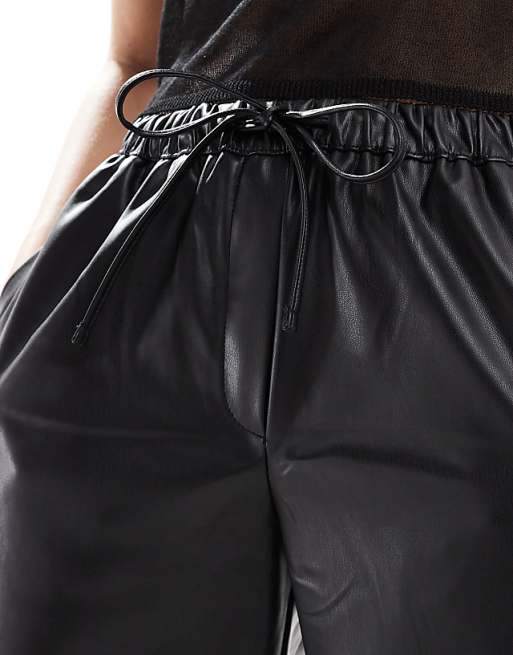 Bershka Faux Leather Tie Waist Wide Leg Trousers In Black