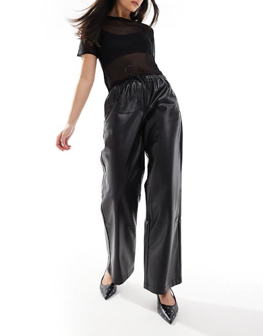 Bershka Faux Leather Tie Waist Wide Leg Trousers In Black