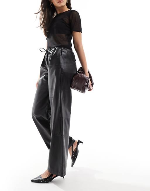 Bershka faux leather tie waist wide leg trousers in black