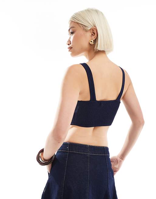 Bershka Knitted Corset Top In Navy