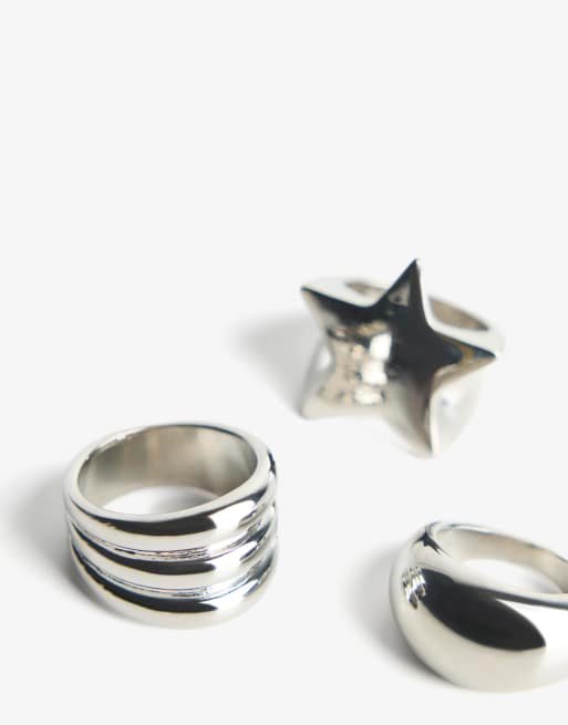 Bershka Pack Of 3 Star Rings In Silver