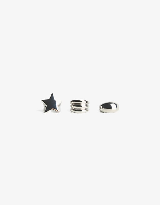 Bershka Pack of 3 star rings in silver
