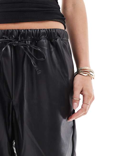 Bershka Petite Faux Leather Tie Waist Wide Leg Trousers In Black