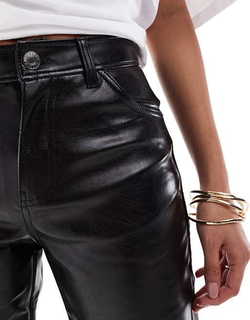 Bershka Petite Straight Leg Faux Leather Trousers In Black