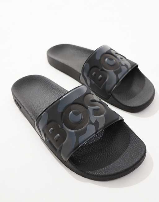 BOSS Aryeh Logo Camo Print Pool Sliders In Grey/black