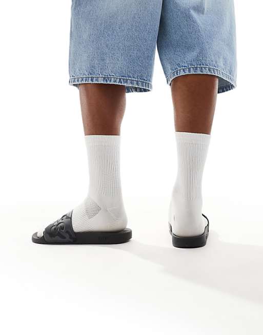 BOSS Aryeh Logo Camo Print Pool Sliders In Grey/black