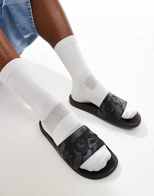 BOSS Aryeh Logo Camo Print Pool Sliders In Grey/black