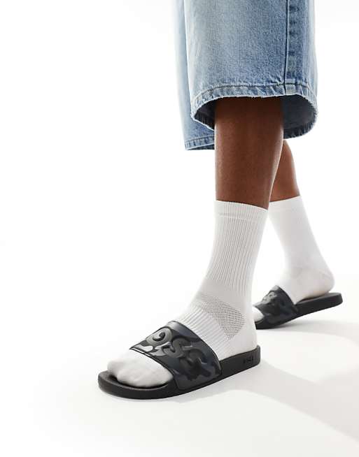 BOSS Aryeh logo camo print pool sliders in grey/black