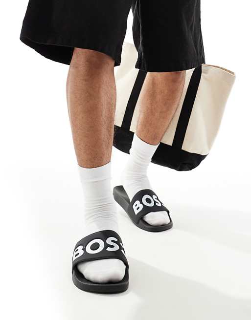 BOSS Aryeh logo pool sliders in black/white