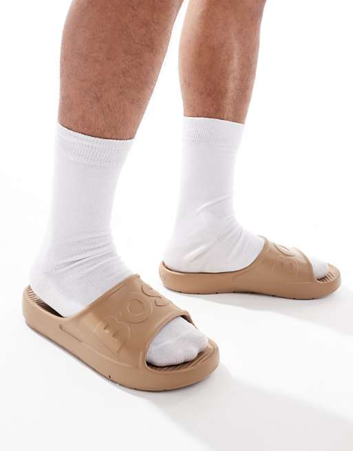 BOSS Dario Embossed Logo Moulded Sliders In Tan