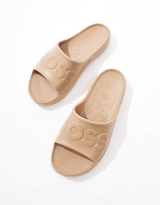 BOSS Dario Embossed Logo Moulded Sliders In Tan