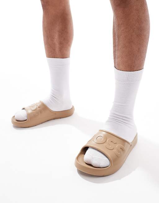 BOSS Dario embossed logo moulded sliders in tan