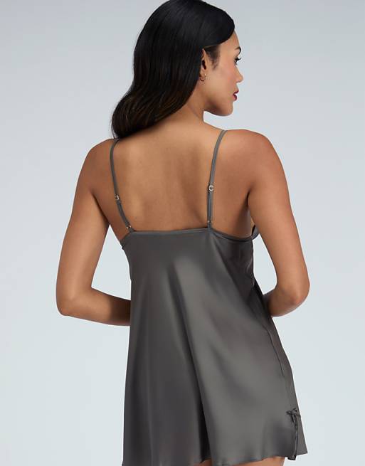 Boux Avenue Kaya Satin Chemise With Lace And Bow Detail Pyjama In Khaki