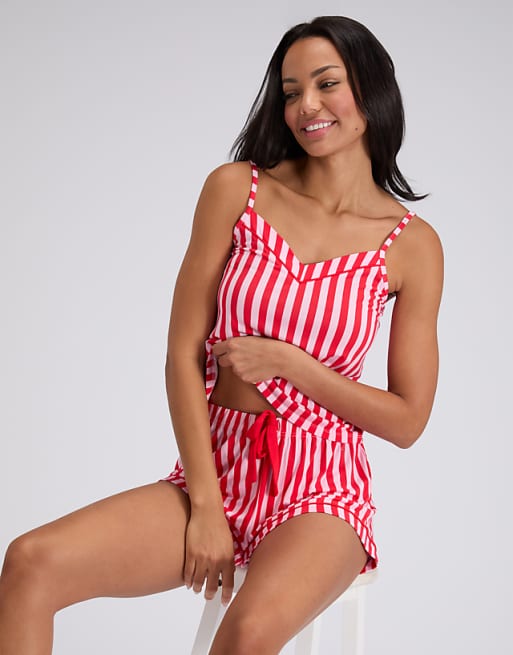 Boux Avenue Modal Cami Top And Shorts Pyjama Set Candy Striped Print In Red Mix