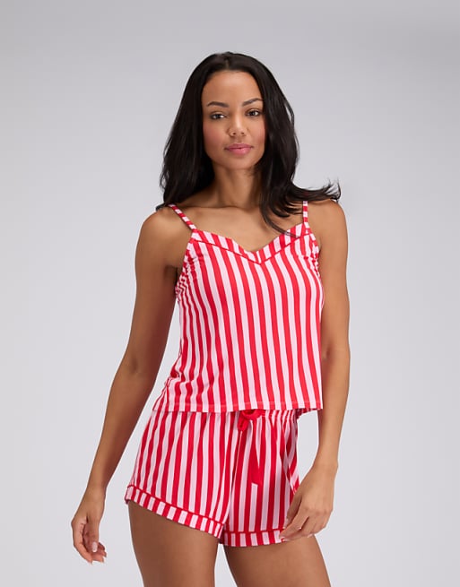 Boux Avenue Modal cami top and shorts pyjama set candy striped print in red mix