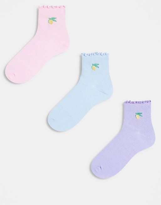 Brave Soul 2 pack ankle socks with lemon embroidery in blue pink and purple