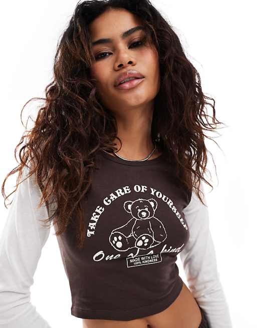 Brave Soul Cropped Long Sleeve T-shirt And Check Trouser Pyjama Set In Ecru And Navy