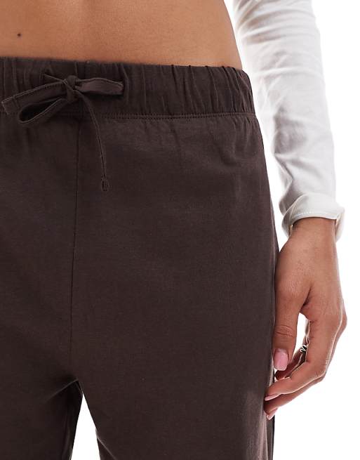 Brave Soul Cropped Long Sleeve T-shirt And Check Trouser Pyjama Set In Ecru And Navy