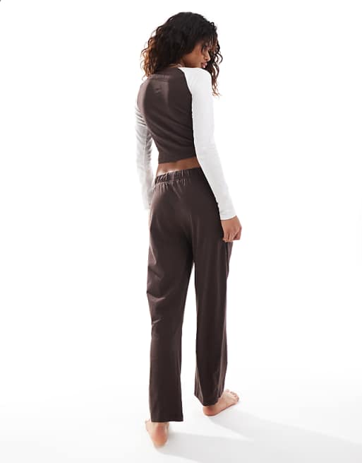 Brave Soul Cropped Long Sleeve T-shirt And Check Trouser Pyjama Set In Ecru And Navy