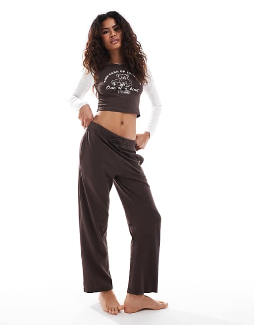 Brave Soul cropped long sleeve t-shirt and check trouser pyjama set in ecru and navy