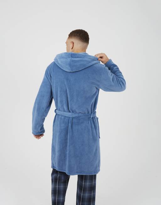 Brave Soul Hooded Dressing Gown With Tie Belt In Blue
