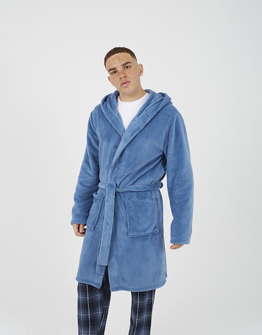 Brave Soul Hooded dressing gown with tie belt in blue