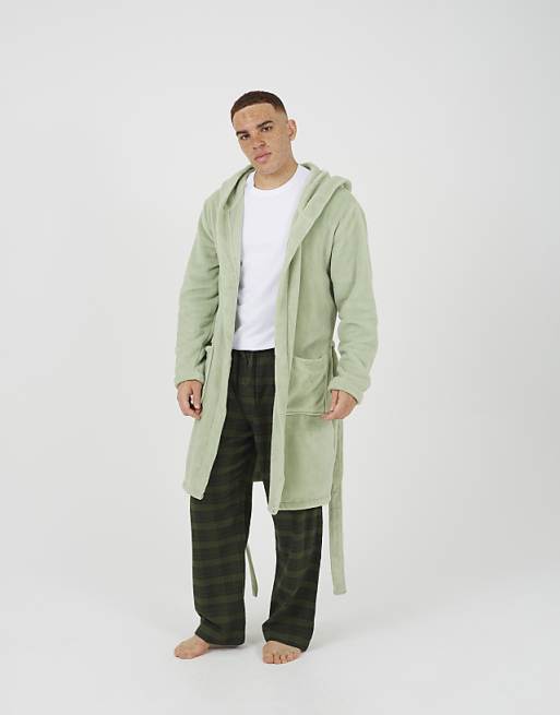 Brave Soul Hooded Dressing Gown With Tie Belt In Pale Green