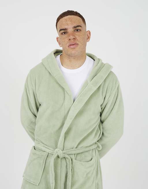 Brave Soul Hooded Dressing Gown With Tie Belt In Pale Green