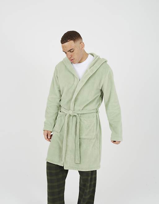 Brave Soul Hooded dressing gown with tie belt in pale green