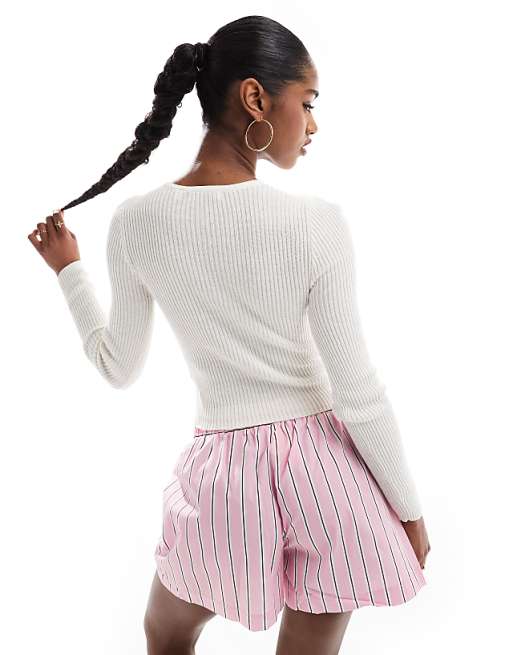 Brave Soul Ribbed Knitted Button Down Cardigan In Cream