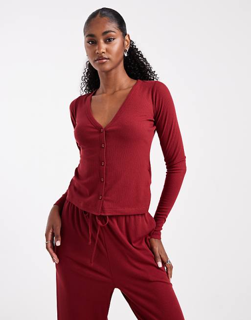 Brave Soul Super Soft Button Down Pyjamas In Burgundy