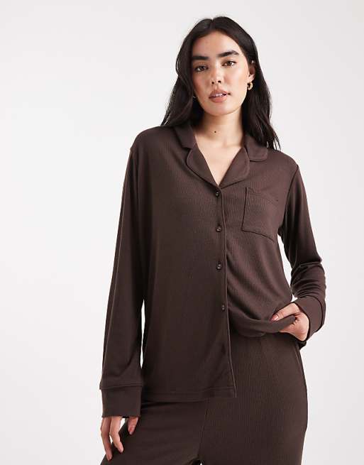 Brave Soul Super Soft Button Down Shirt And Trouser Pyjamas In Chocolate Brown