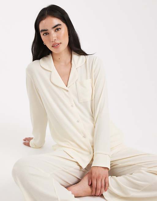 Brave Soul Super Soft Button Down Shirt And Trouser Pyjamas In Cream