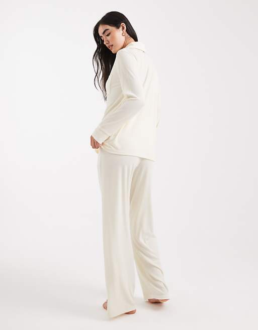 Brave Soul Super Soft Button Down Shirt And Trouser Pyjamas In Cream