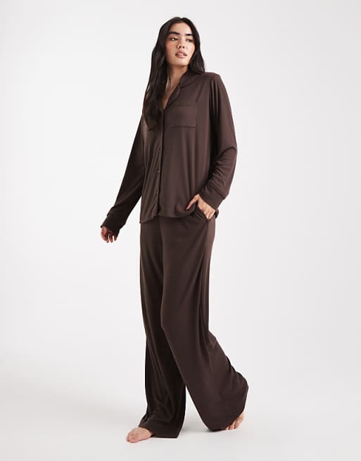 Brave Soul super soft button down shirt and trouser pyjamas in chocolate brown