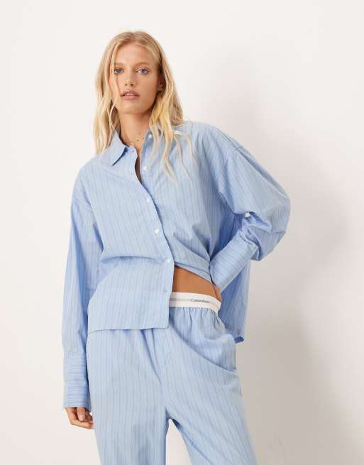 Calvin Klein Cotton Poplin Pyjama Co-ord In Blue Stripe