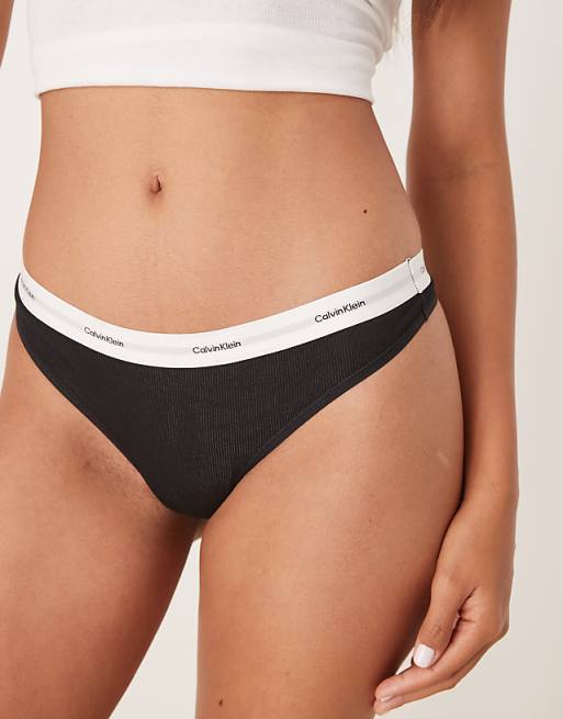 Calvin Klein Cotton Stretch Rib Thong In Black