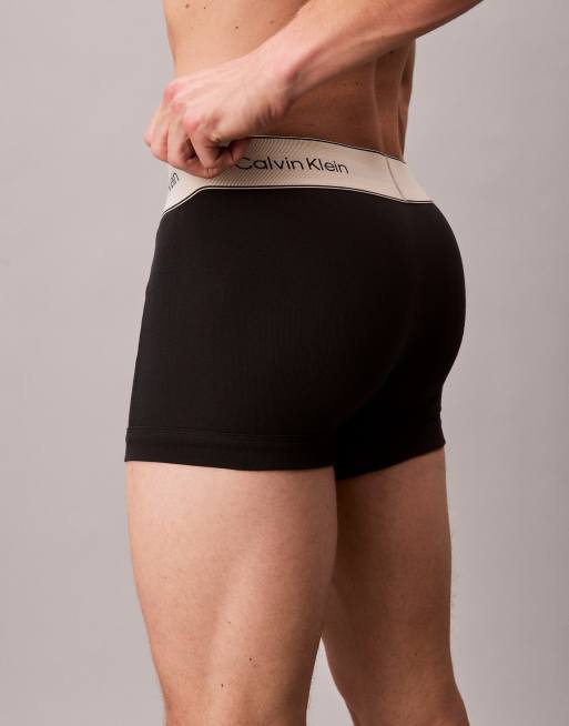 Calvin Klein Heritage Cotton 3 Pack Trunks In Black With Oyster Waistbands