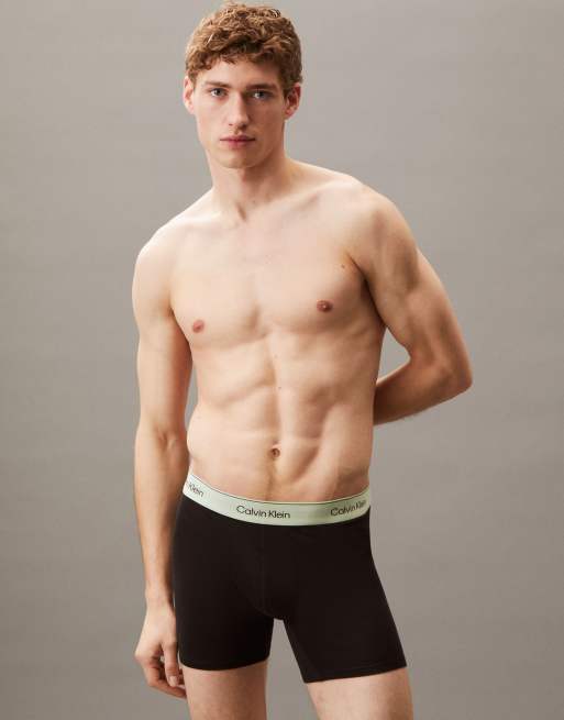Calvin Klein Icon Cotton Stretch 3 Pack Boxer Briefs In Black With Green Waistbands