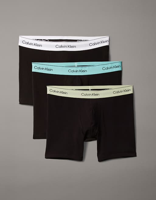 Calvin Klein Icon Cotton Stretch 3 pack boxer briefs in black with green waistbands