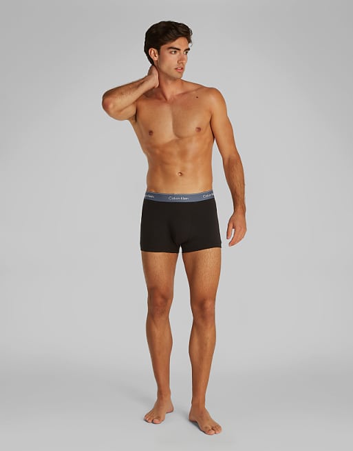 Calvin Klein Icon Cotton Stretch 3 Pack Darted Trunk In Black With Red/grey/blue Waistbands