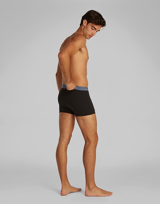 Calvin Klein Icon Cotton Stretch 3 Pack Darted Trunk In Black With Red/grey/blue Waistbands