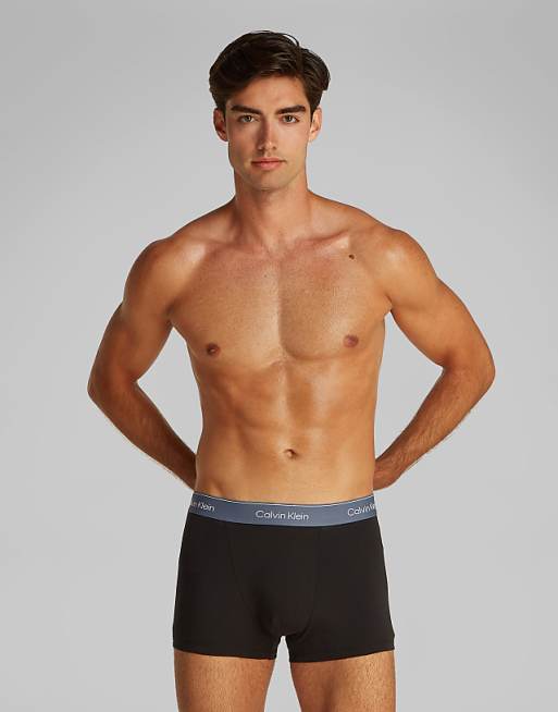 Calvin Klein Icon Cotton Stretch 3 Pack Darted Trunk In Black With Red/grey/blue Waistbands