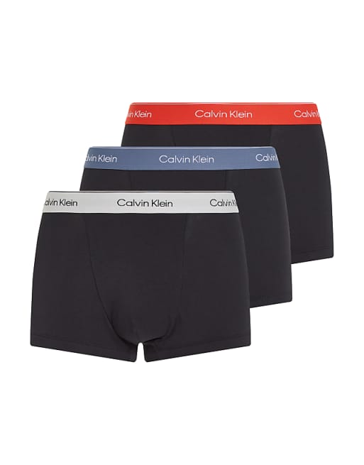 Calvin Klein Icon Cotton Stretch 3 pack darted trunk in black with red/grey/blue waistbands