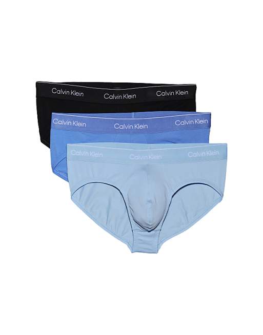 Calvin Klein Icon Cotton Stretch 3 pack hip briefs in black/blue