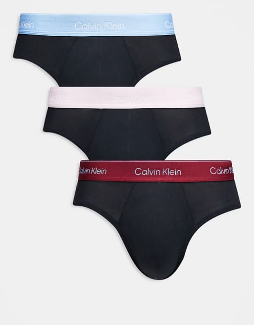Calvin Klein Icon Cotton Stretch 3 pack hip briefs in black with red/blue/cream waistbands
