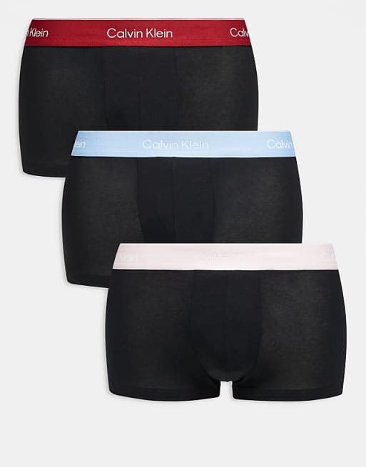 Calvin Klein Icon Cotton Stretch 3 pack low rise trunks in black with red/blue/cream waistbands