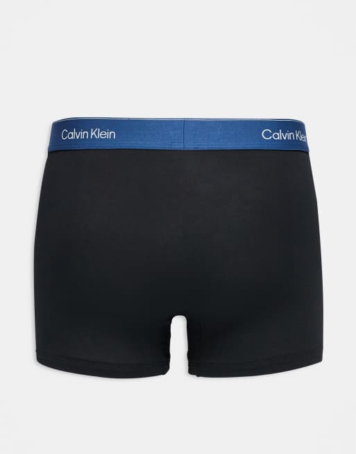 Calvin Klein Icon Cotton Stretch 3 Pack Relaxed Trunks In Black With Turquoise/ White/ Blue Waistbands
