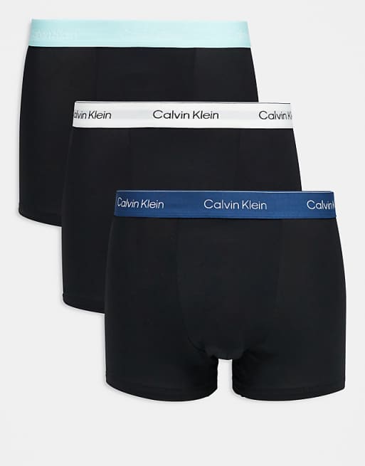 Calvin Klein Icon Cotton Stretch 3 pack relaxed trunks in black with turquoise/ white/ blue waistbands